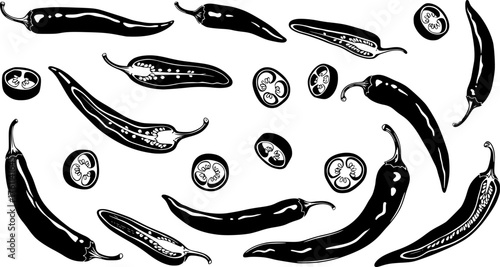 Falling or Floating Whole and Sliced Chilli Peppers Black and White Outline Line Art Drawing
