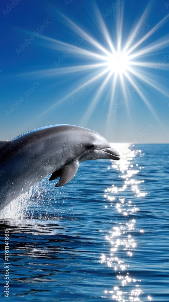 Fototapeta premium Bottlenose dolphin joyfully breaching the surface in bright sunlight