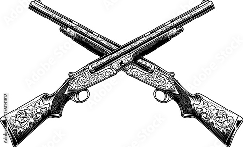 Crossed Shotguns Vintage Style Black and White Outline Line Art Drawing with Detail Engraved Look
