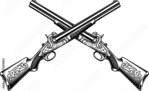 Crossed Shotguns Vintage Style Black and White Outline Line Art Drawing with Detail Engraved Look
