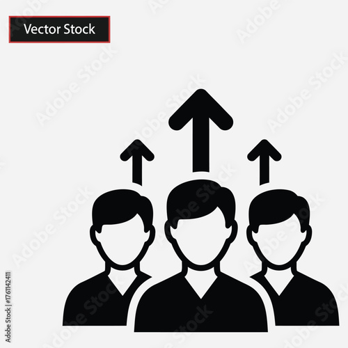 Icon representing team growth and professional development, featuring individuals with upward arrows symbolizing collective progress, career advancement, and successful synergy