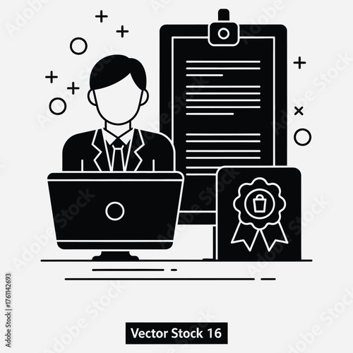 Businessman working on laptop with document, badge and stars icon. Business and office concept