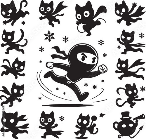 Ninja surrounded by flying cartoon cats