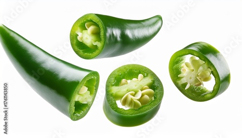 flying falling green chili peppers isolated on white or white background