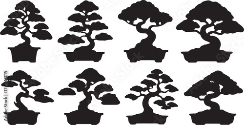 Bonsai tree silhouettes diverse plant vector