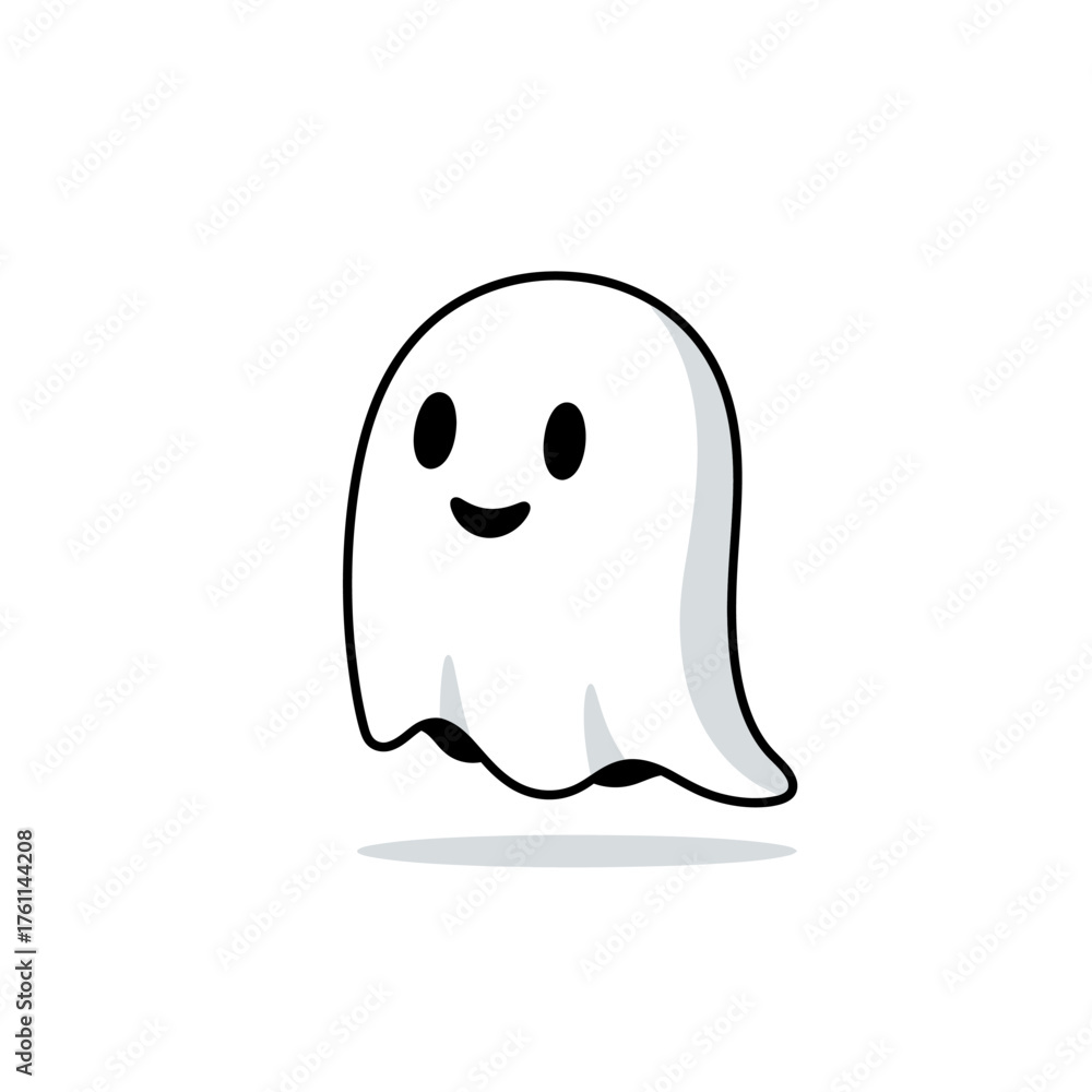 Fototapeta premium Adorable little white ghost character with a joyful expression, playfully hovering and casting a subtle shadow, ideal for kid-friendly spooky themes and seasonal decor