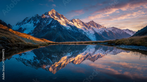 Wallpaper Mural Stunning snow-covered mountain peaks reflecting perfectly in a calm alpine lake during a colorful sunset with vibrant skies and golden light on rugged terrain Torontodigital.ca