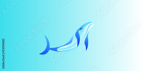 Abstract blue background with stylized waves and a vector bird flying over marine animal silhouettes like fish and dolphins