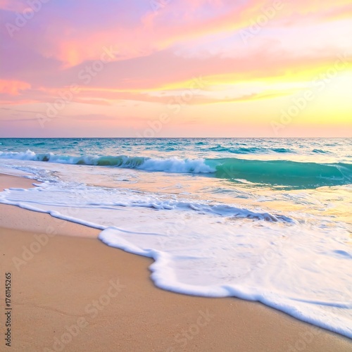 Gentle waves lap a sandy shore beneath a pastel-colored sunset