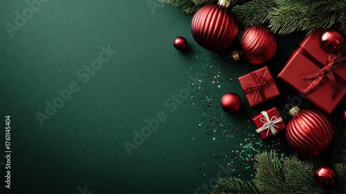 Festive christmas decorations with red ornaments and gifts arranged on a dark green textured background