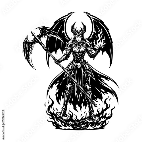 Powerful sorceress with wings conjures fire magic, wielding a wicked scythe in dark fantasy illustration