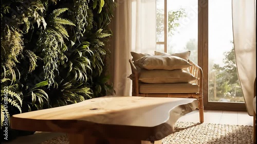 Warm morning sunlight filters through a large glass door, casting long shadows in a cozy living space. Features a living green wall, a rustic wooden coffee table, and comfortable seating.