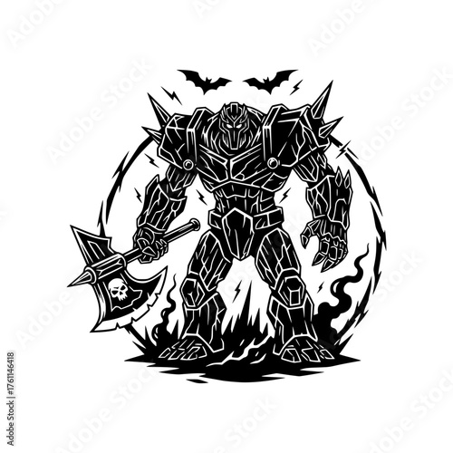 Epic armored Golem wielding skull axe, lightning and bats, ideal for fantasy game asset or thrilling Halloween design