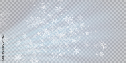 Falling snow on a transparent background. Vector illustration 10 EPS. Abstract snowflake background. Fall of snow.	