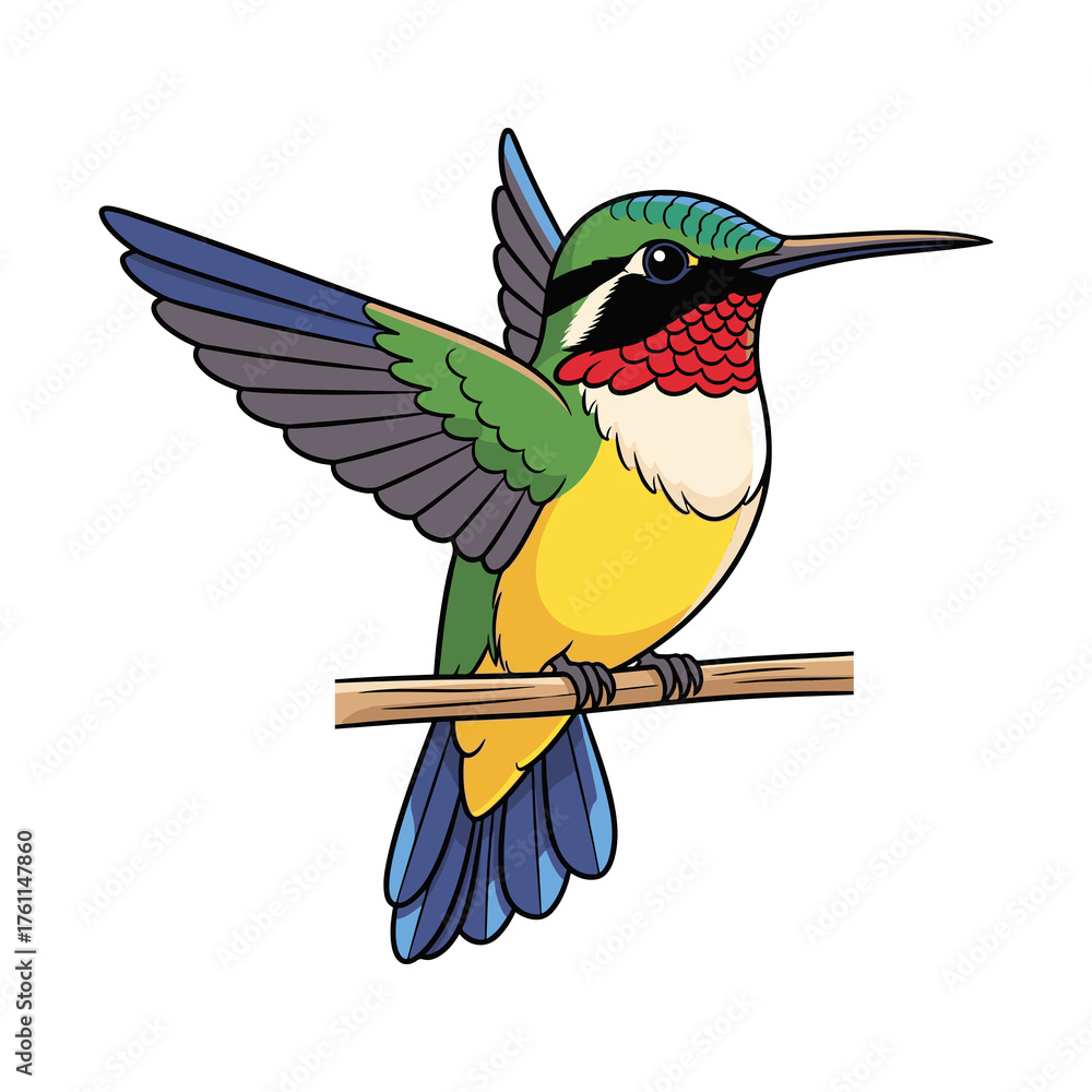 Obraz premium Colorful Hummingbird Cartoon Illustration on Branch