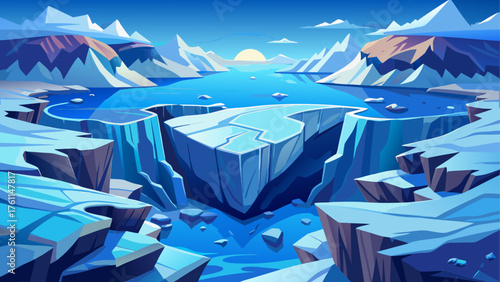 Aerial view of glacier breaking apart at the edge of a fjord, huge ice blocks drifting away on cold blue water, mist rising from cracks
