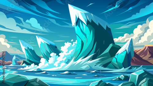 Massive glacier cracking apart, giant ice blocks falling into turquoise sea, waves splashing high, sunlight reflecting through mist, powerful natural event frozen in motion