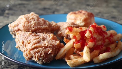 Unhealthy fast food meal with fried chicken, french fries, biscuit and ketchup being poured
