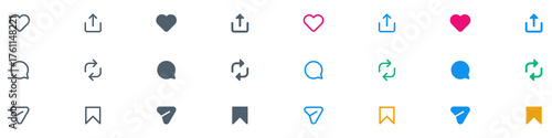 like icon, reply, repost, save, share icon signs - social media notification like comment, share icons. social network post reactions collection set. vector illustration