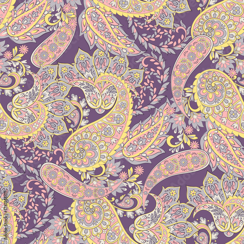 Seamless pattern based on traditional Asian elements Paisley. Traditional colorful seamless paisley vector pattern. Pattern for textile design or fabrics. Fashionable delicate design
