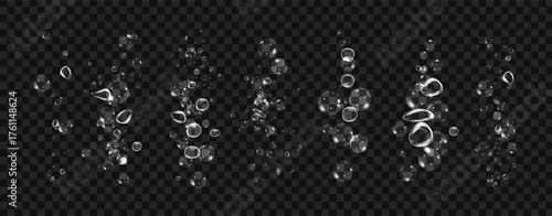 Water texture and splash with foam on black background, deep sea effect, transparent air bubbles png.
