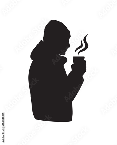 Black silhouette of a person wearing a hooded jacket holding a steaming cup of hot beverage woman