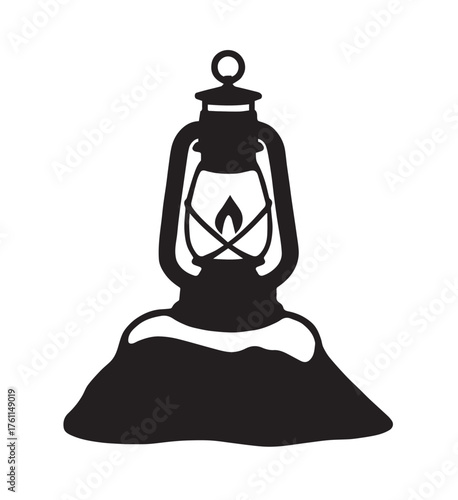 Black silhouette of an old-fashioned oil lantern with a flame on a wavy base oil lamp kerosene lamp