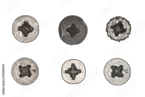 Used screw and bolt heads with signs of wear, scratches, dents, rust spots. Close-up view. Isolated on transparent background. Set 4.