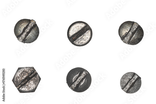 Used screw and bolt heads with signs of wear, scratches, dents, rust spots. Close-up view. Isolated on transparent background. Set 5.