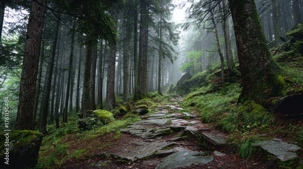 Obraz premium Stone pathway winds through misty, towering forest, with lush green moss and ferns