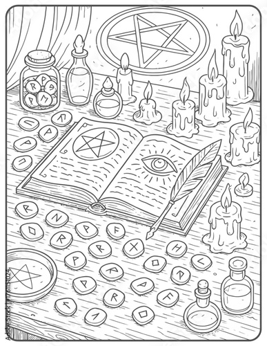 Detailed line art illustration of a mystical table with runes and open book and candles