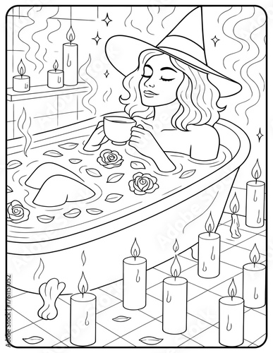 A witch taking a bath with roses and candles holding a cup in a black and white image