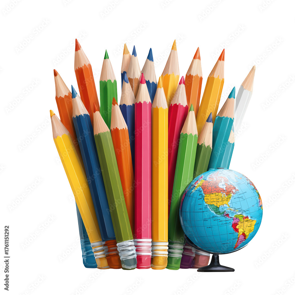 Fototapeta premium A vibrant collection of colored pencils stands behind a small world globe symbolizing global education and creativity