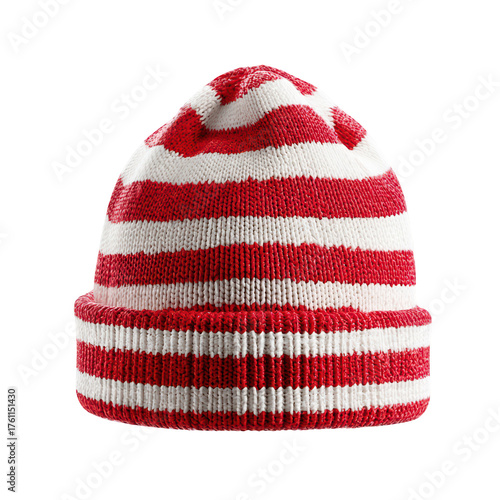 A cozy red and white striped knit beanie perfect for winter isolated on a black background