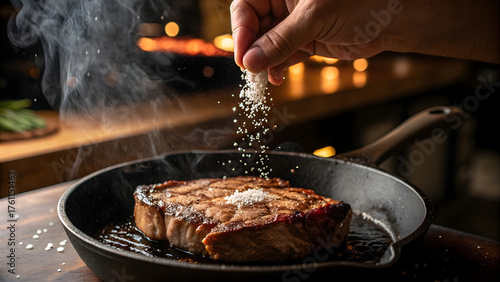 high-energy food photography shot a hand sprinkles coarse sea salt from fingertips onto a thick, sizzling steak searing on a cast-iron skillet