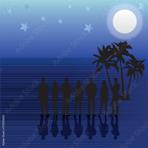 Moonlit Tropical Night with Silhouettes and Palm Trees
