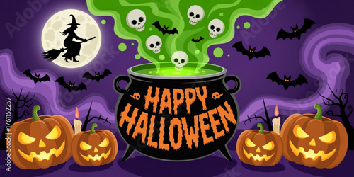 "Witching Hour Wonders" A whimsical title for cauldrons, broomsticks, and magical mayhem. Halloween party vector background design. Vector illustration. Halloween Greeting.
