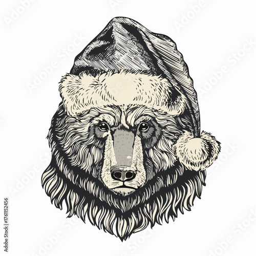 Wallpaper Mural Vintage Bear in Santa Hat: Black and White Vector Illustration Torontodigital.ca