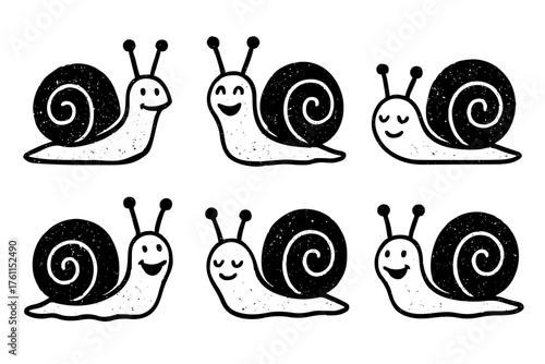 Six cartoons of happy funny snail