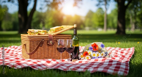 Fototapeta Naklejka Na Ścianę i Meble -  Picnic basket with wine and glasses on blanket in sunny park  