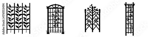 Decorative trellises featuring climbing plants in a garden landscape during daylight hours