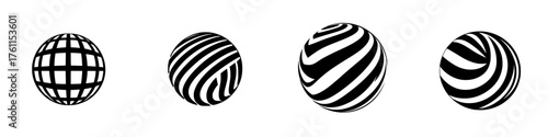 Unique black and white geometric spheres with different patterns arranged in a row on a solid background