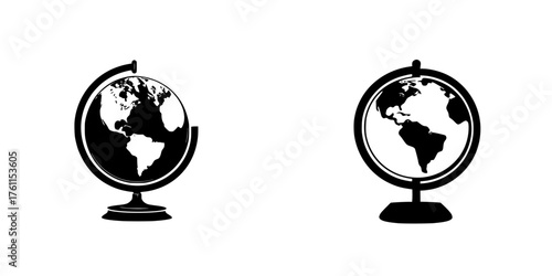 Black and white globes showing Earth?s continents and oceans set against a plain background