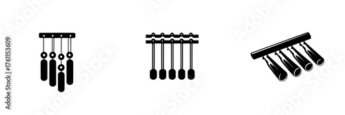 Various designs of sound instruments featuring suspended bars and tubes in black and white style
