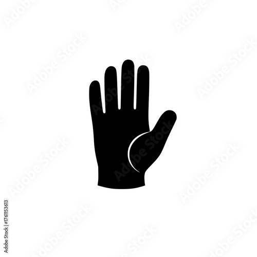 Hand silhouette showing an open palm against a white background, representing communication and greeting in a simple design