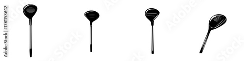 Various golf club designs including drivers and woods presented in a minimalist style