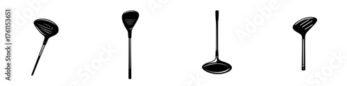 Various golf clubs displayed in a simple black and white design, highlighting their unique shapes and features