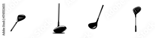 Four distinct golf club types displayed in a simple design showcasing their features and unique shapes