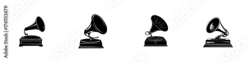 Vintage gramophones lined up on a white background showcasing classic design and musical heritage