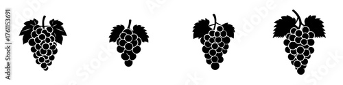 Collection of four distinct grape bunch illustrations in black silhouette style for design and culinary purposes